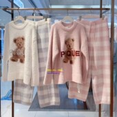 pique冬季 日本GP gelato 软绵绵睡衣卡通小熊格子半边绒家居服ins