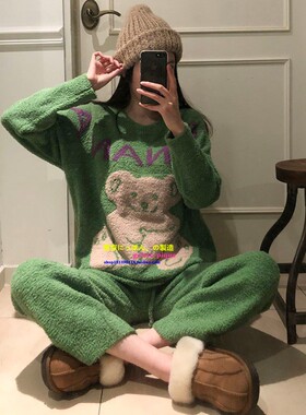 日本GP pique冬季软绵绵睡衣女卡通小熊毛绒绒针织毛线加厚家居服