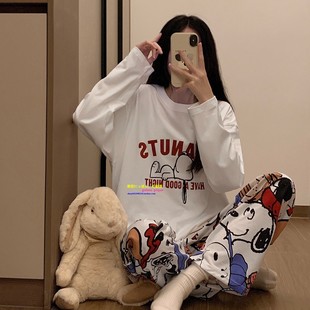 日本GP秋冬季纯棉长袖卡通睡衣女新款史努比休闲可外穿家居服套装