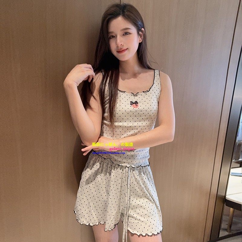 House夏季新款性感家居服套装带胸垫甜美草莓波点背心短裤睡衣女