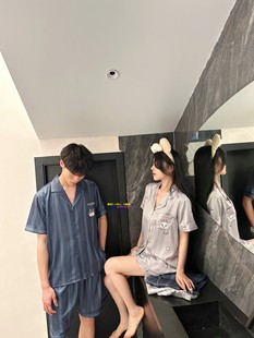 日本GP夏季真丝情侣睡衣女卡通猫咪条纹短袖长裤三件套家居服男士