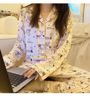 家居服秋季 日本you gelatopique日系ins条纹史努比睡衣女纯棉长袖