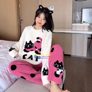 日本GP pique软绵绵冬天睡衣女可爱波点猫咪珊瑚绒加厚开衫家居服