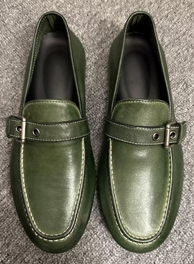 钦宏酷奇高端马皮豆豆鞋男复古一脚蹬圆头软底驾车乐福鞋绿色皮鞋