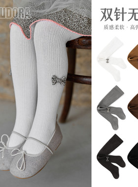 女童连裤袜无骨春秋季精梳棉可爱蝴蝶结纯黑白灰色宝宝婴儿打底裤