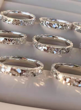 S999纯银碎冰冰戒指女小众设计轻奢高级感指环简约百搭足银食指戒