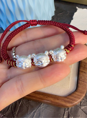 999足银哪吒转运微笑 愤怒 惊讶手工编织手绳小哪吒红绳