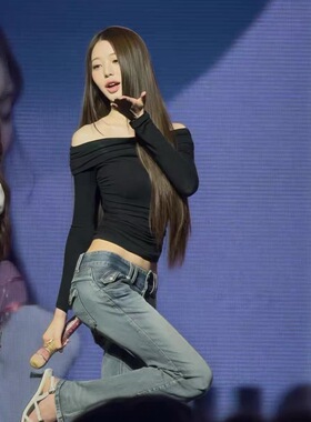 张元英明星同款黑色一字肩长袖上衣女2026露肩褶皱短款紧身T恤夏