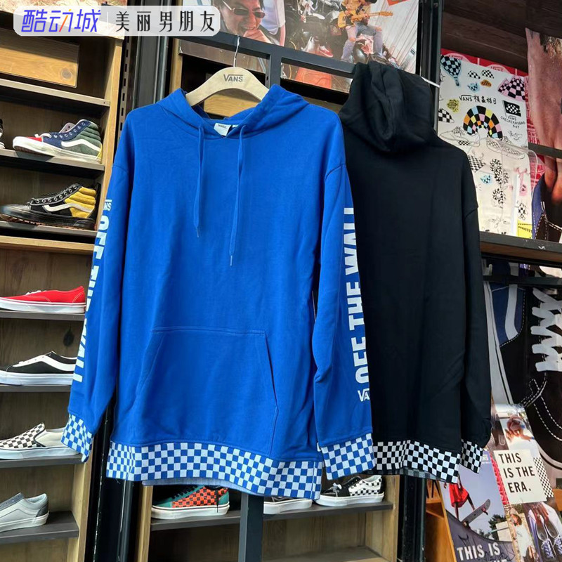 VANS男女连帽黑蓝棋盘格套头卫衣