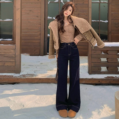 深蓝色丹宁加绒微喇牛仔裤女