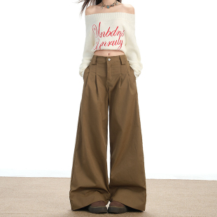 卡其色阔腿休闲裤 裤 女秋季 复古高腰宽松棕色直筒工装 咖色新款 美式