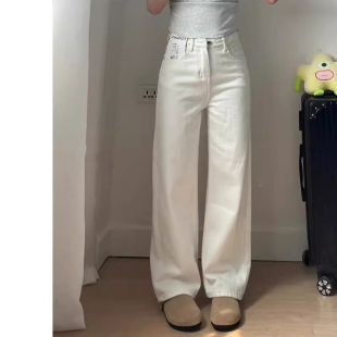 高腰垂感宽松小个子直筒裤 女春秋2025新款 子 阔腿牛仔裤 米白色窄版