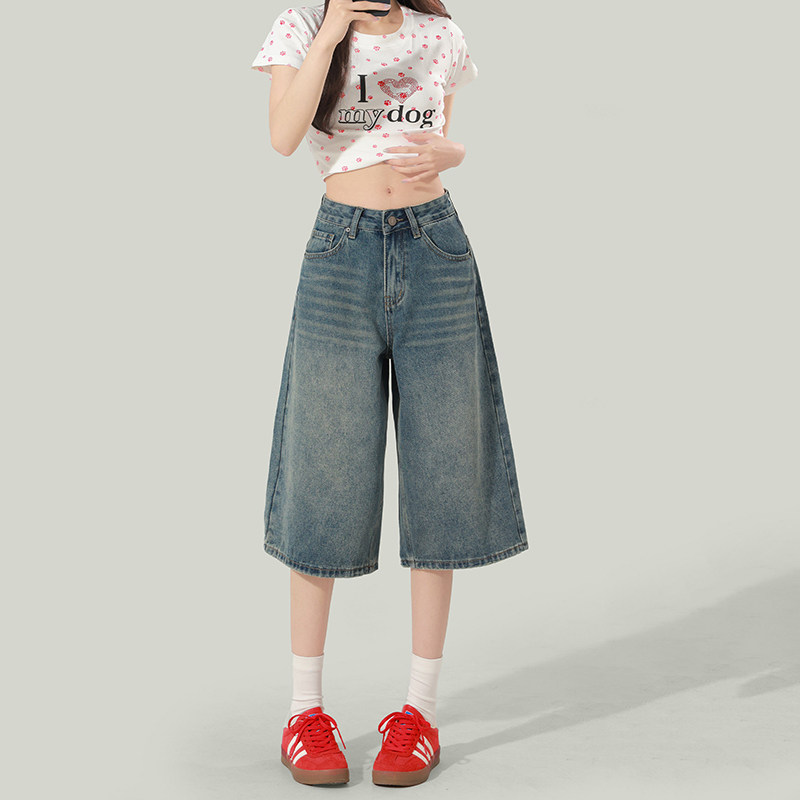 港风时尚复古七分牛仔短裤女夏2026新款薄款小个子宽松7分热裤子
