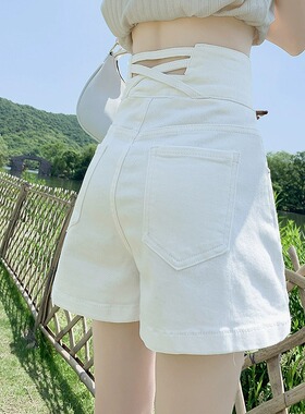 白色超高腰牛仔短裤女夏季显瘦遮肚子排扣美式辣妹休闲裤子潮ins