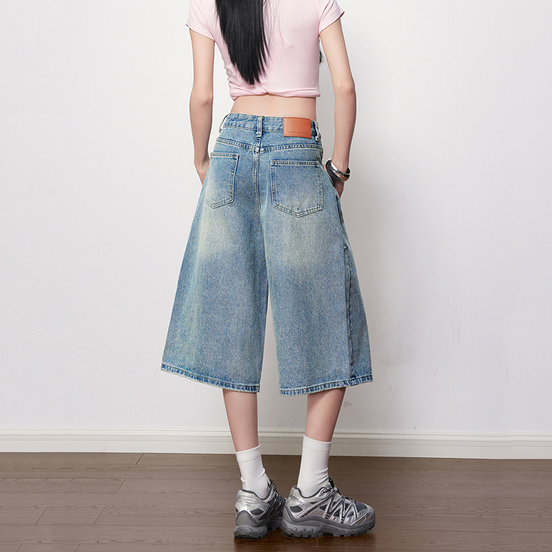 浅色a字七分牛仔裤女夏季2026年新款宽松休闲百搭小个子阔腿中裤