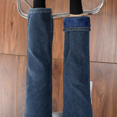 加绒加厚直筒牛仔裤女冬季