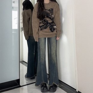 弹力宽松显瘦梨形身材喇叭裤 新款 子 女2025秋季 复古毛边微喇牛仔裤