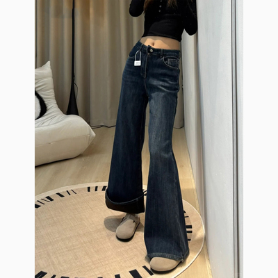 加绒加厚美式高腰微喇牛仔裤女