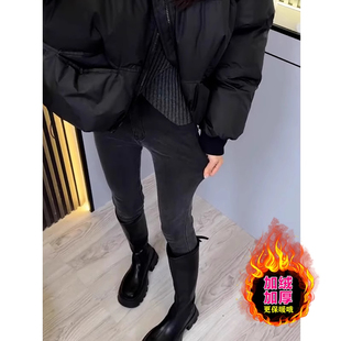 高腰弹力直筒九分铅笔裤 加绒加厚大码 女秋冬新款 黑灰色牛仔小脚裤