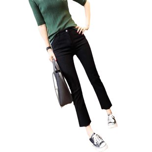 黑色烟管直筒加绒牛仔裤女2022年秋冬季新款小个子女士八分九分裤