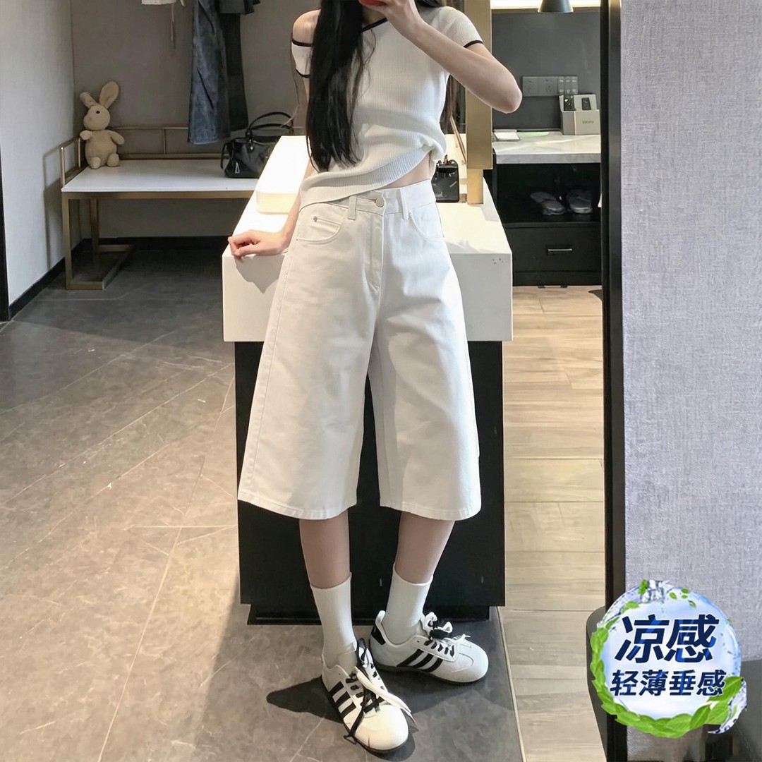 白色休闲直筒牛仔短裤女款夏天图片