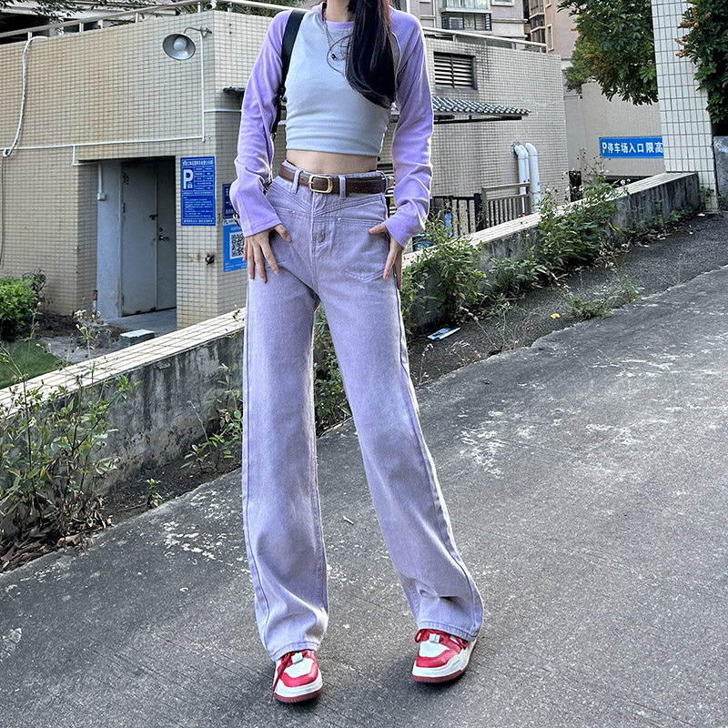 美式复古紫色阔腿牛仔裤女春秋2024新款梨形身材高腰显瘦直筒裤子