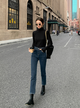 蓝灰色烟管直筒牛仔裤女2025春秋新款高腰显瘦小个子女士法棍裤子