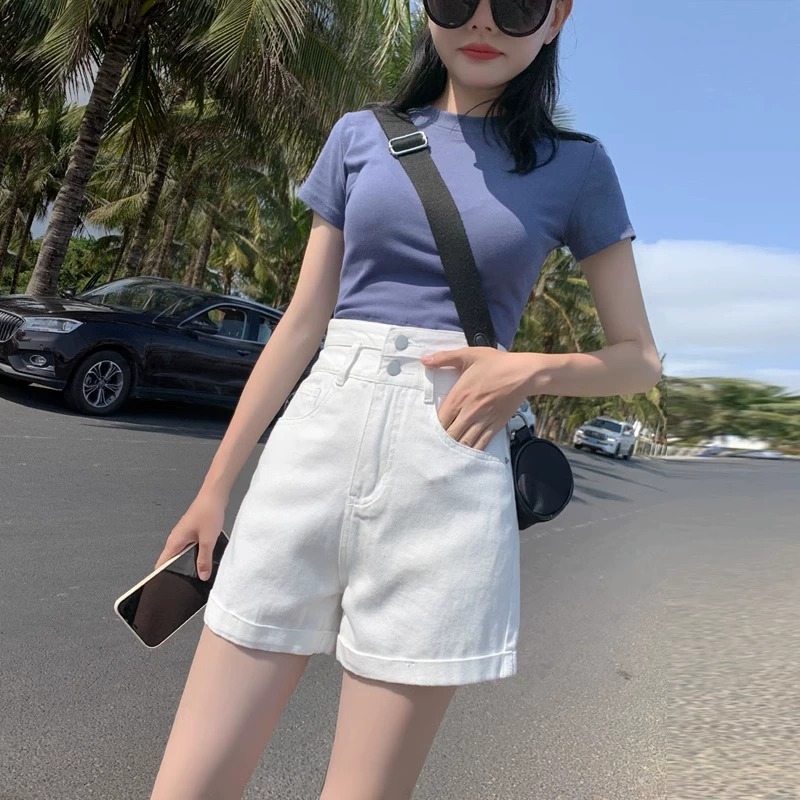 白色宽松牛仔短裤女夏季薄2023年新款高腰阔腿a字卷边软薄款热裤