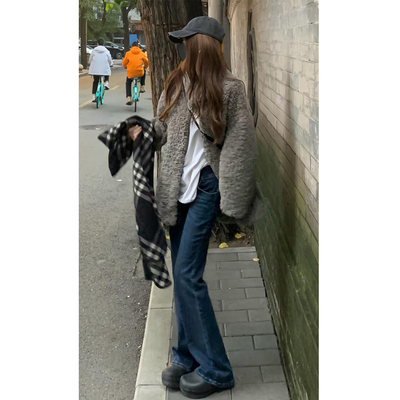 美式复古加绒辣妹微喇牛仔裤女