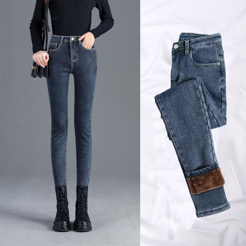 加绒加厚牛仔裤女2021高腰紧身