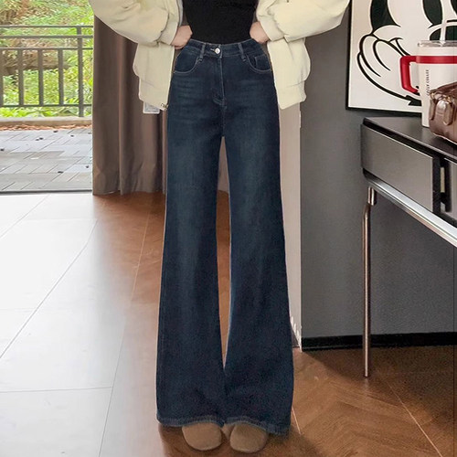 加绒加厚复古蓝高腰微喇牛仔裤女