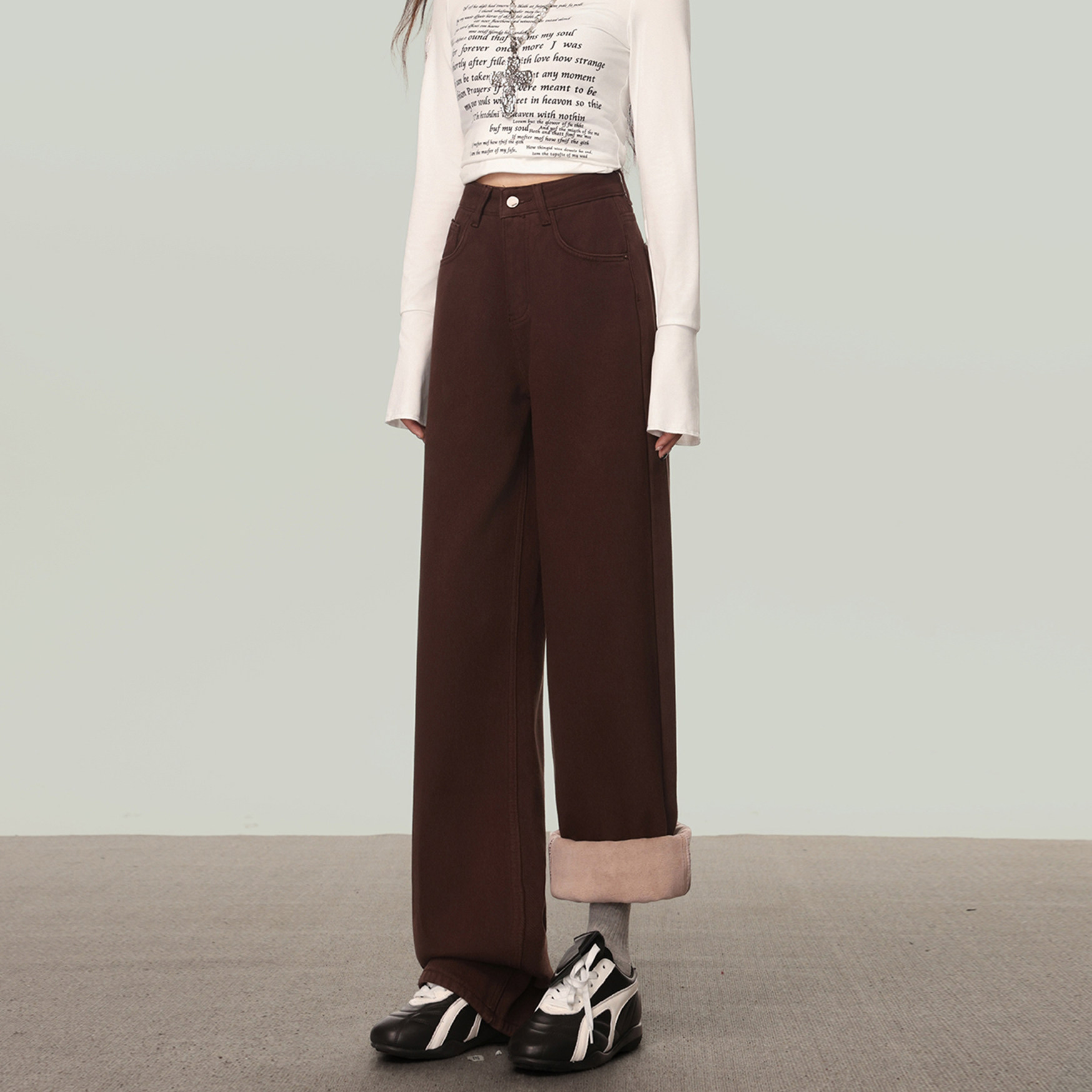 休闲时尚咖啡色加绒加厚阔腿牛仔裤女2025年新款秋冬高腰直筒裤子