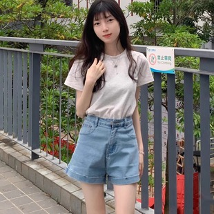小個子穿搭ins潮修身 淺藍(lán)色牛仔短褲 女夏季 薄款 遮肉提臀寬松百搭