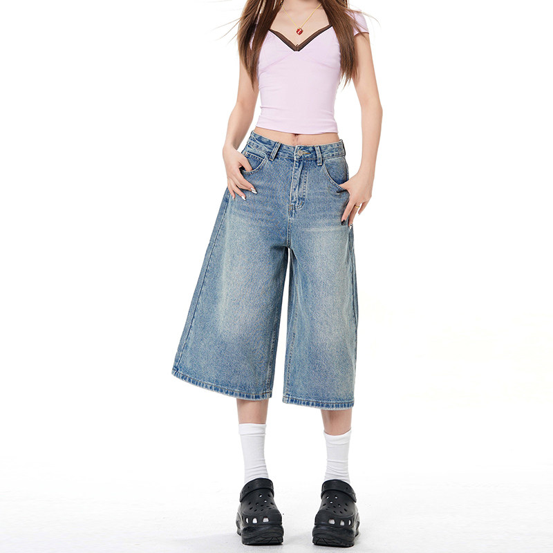 复古七分牛仔短裤女直筒春夏季新款设计感百搭休闲宽松阔腿中裤子