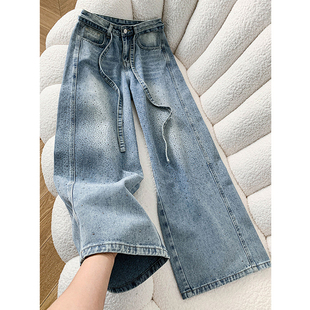 满天星爆闪带烫钻亮闪闪浅蓝色阔腿牛仔裤女2026款高腰宽松弯刀裤