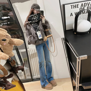 显瘦马蹄喇叭裤 加绒复古蓝高腰微喇牛仔裤 弹力修身 2025新款 女冬季