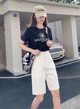 白色直筒牛仔短裤女夏薄款五分裤高腰宽松阔腿韩版学生中裤潮ins
