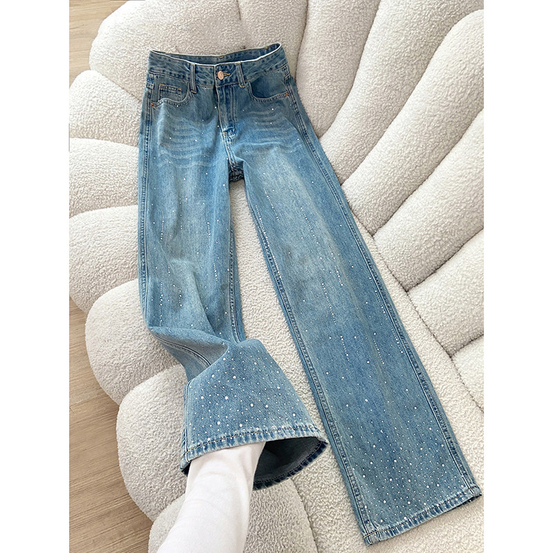 浅色小个子宽松阔腿牛仔裤女2026新款春季烫钻满天星垂感直筒裤子
