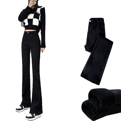 黑色牛仔裤女加绒喇叭