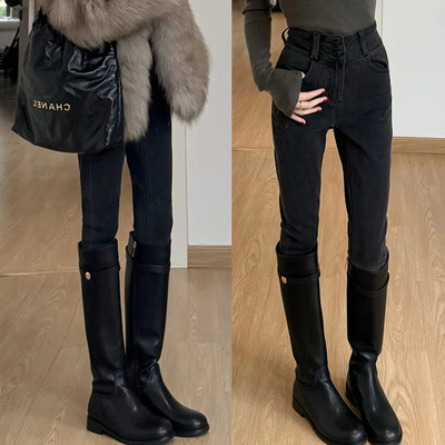 灰色加绒紧身牛仔裤女