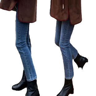 高腰窄版直筒加绒加厚牛仔裤女2024秋冬新款小个子显瘦烟管裤子潮