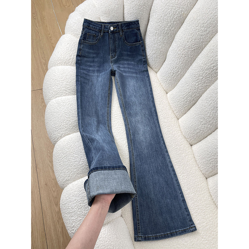 美式复古蓝微喇牛仔裤女加绒2026年新款春季高腰显瘦修身喇叭裤子