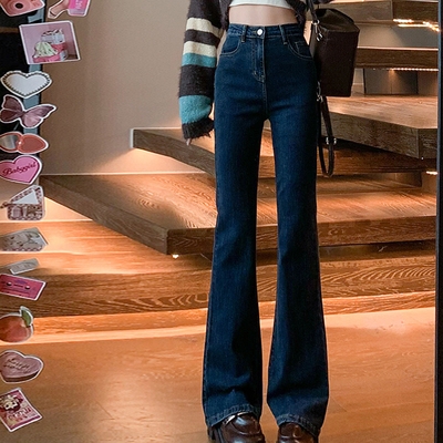 高腰微喇叭牛仔裤女加绒