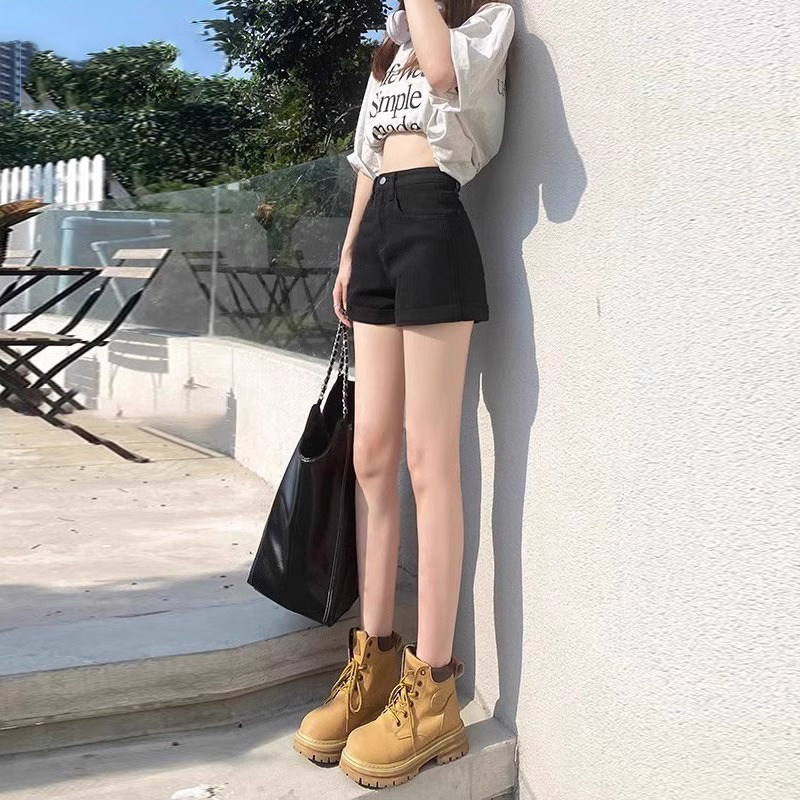 美式复古黑色高腰显瘦牛仔短裤女2025年春季宽松设计辣妹a字热裤图片