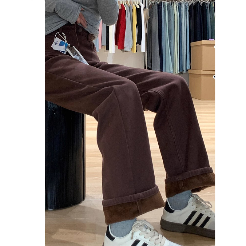 加厚美拉德咖色直筒牛仔裤女