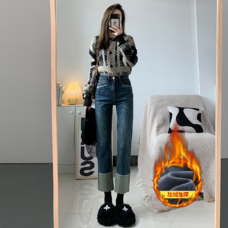 加绒加厚直筒牛仔裤女