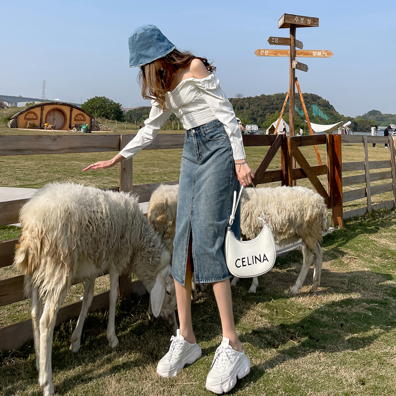 高腰牛仔半身裙女2022年春装新款a字复古开叉中长款包臀裙子春秋