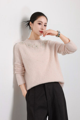 秋冬拉绒半高圆领女保暖羊绒衫