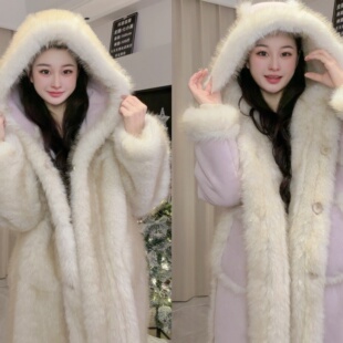 温柔慵懒风长款毛呢外套女连帽宽松气质厚款防风呢子大衣