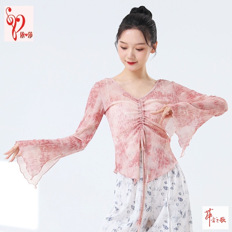 喇叭袖抽绳纱衣形体演出修身上衣